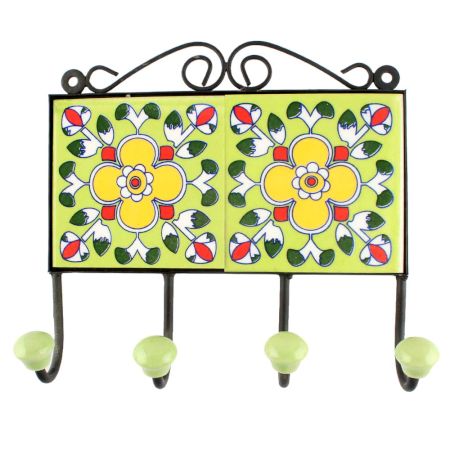 Pea Green Floral Ceramic Tile Wall Hook